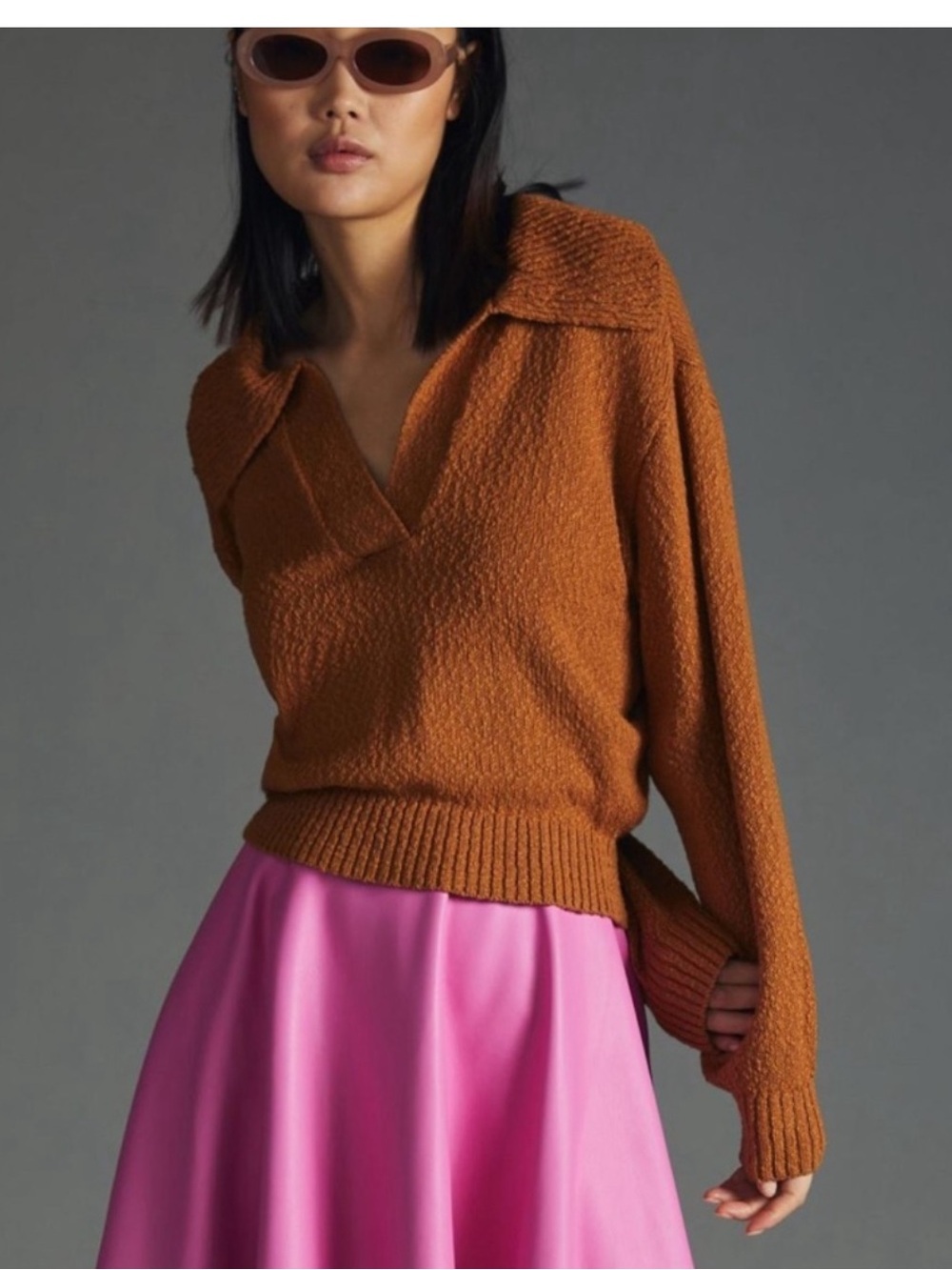 Maeve Anthropologie Cognac Brown Textured Knit Collared Pullover Sweater Large